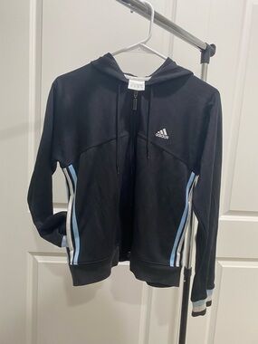 adidas Black Hooded Track Jacket with Light Blue & White Stripes
